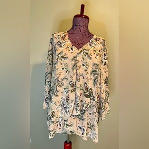 Chicos Pink Floral Botanical Paisley Semi Sheer Bohemian V Neck top size 3 or XL